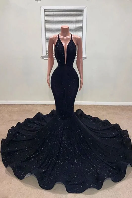 trendy dressBlack V-neck Spaghetti Straps Sleeveless Floor-length Mermaid Prom Dresses,DS4603