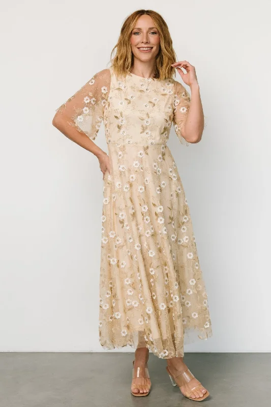 A-line dressArabella Embroidered Tulle Maxi Dress | Gold + White