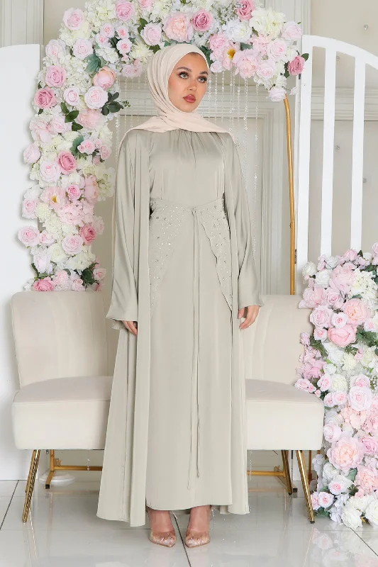 Hurry In Aurora Beaded Tie Abaya Set- Light Sage