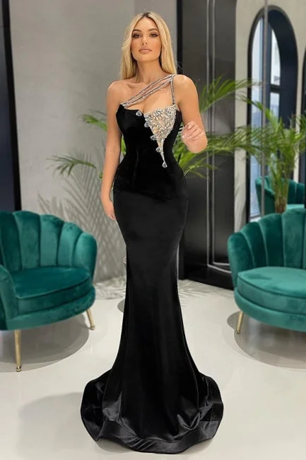 New Markdowns Elegant Black Long Velvet Prom Dresses with Glitter,F04819