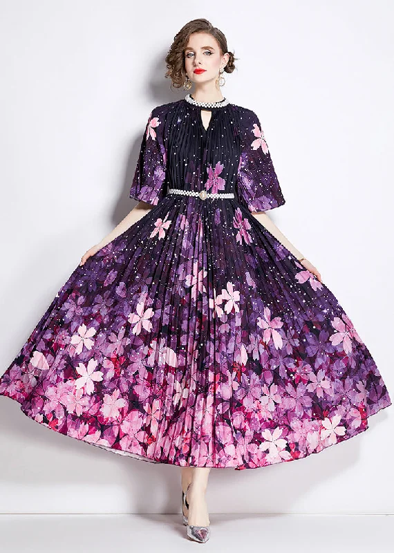 Super Sale 2024 best sale high-end beaded printed pleated pearl button pleated floral dress