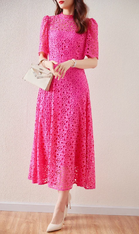 TIME-Limited Offer Lace Embordered Short Sleeve Hollow Out Elegant Midi Dress