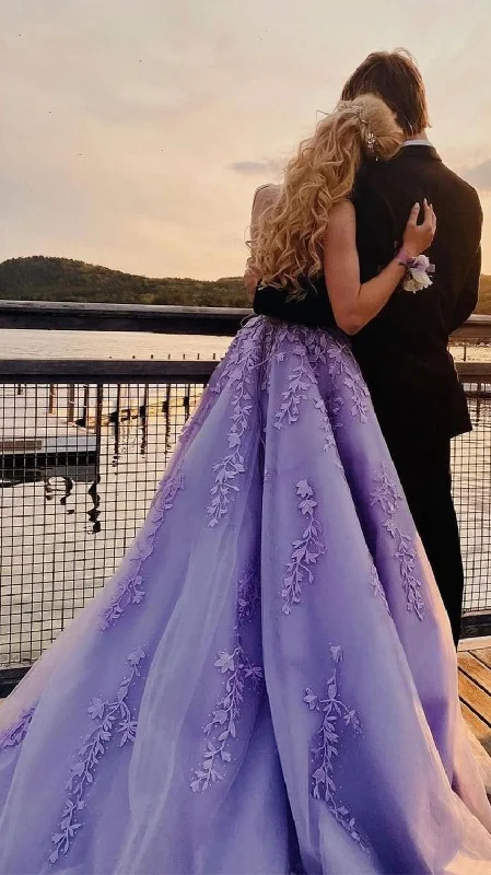 Price Slash Lavender Applique Tulle Prom Dress Long Evening Dresses Formal Gown with Sweep Train,DS4429