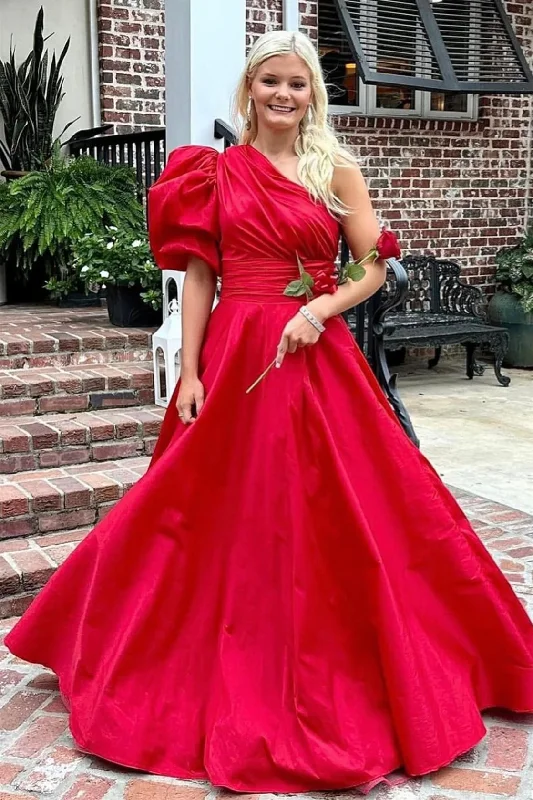 office dressRed One Shoulder Puff Sleeve A-line Satin Long Prom Dress,DP027