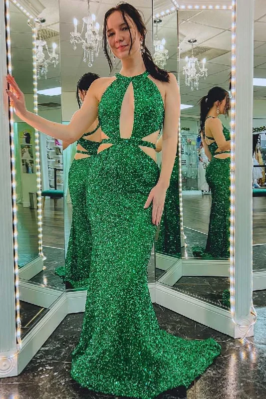 sleek midi dressGreen Sequin Keyhole Cutout Mermaid Long Formal Dress,DP047