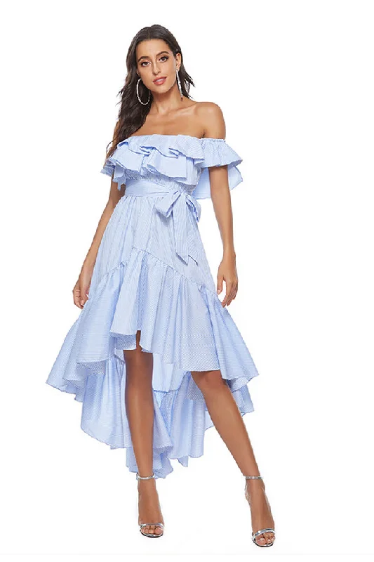 Blowout Deals Off-Shoulder Asymmetrical Hem Waist Belted Ruffle Dress