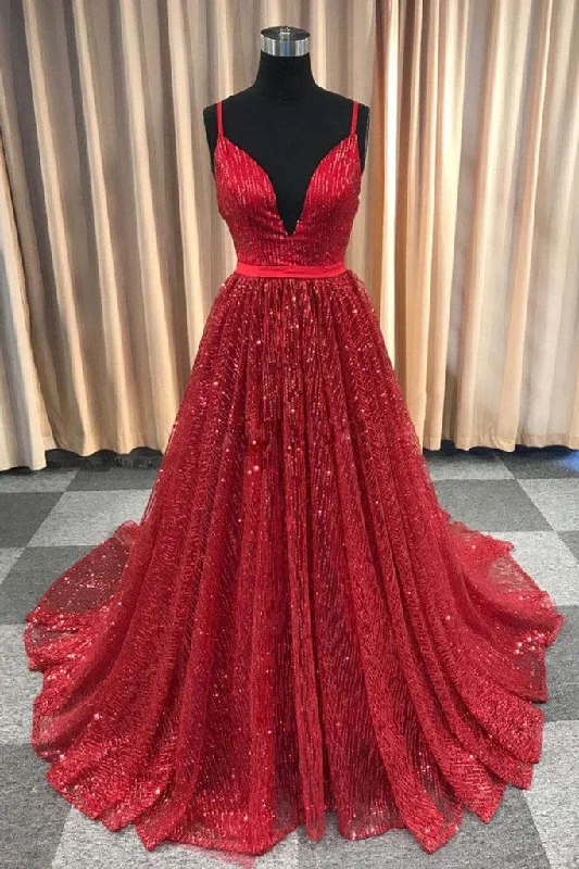 Clearance Sale Spaghetti Straps A-line Evening Dresses Red Sparkle Tulle Prom Dresses Deep V-neck Women Dresses,DS4261 Clearance Sale Spaghetti Straps A-line Evening Dresses Red Sparkle Tulle Prom Dresses Deep V-neck Women Dresses,DS4261