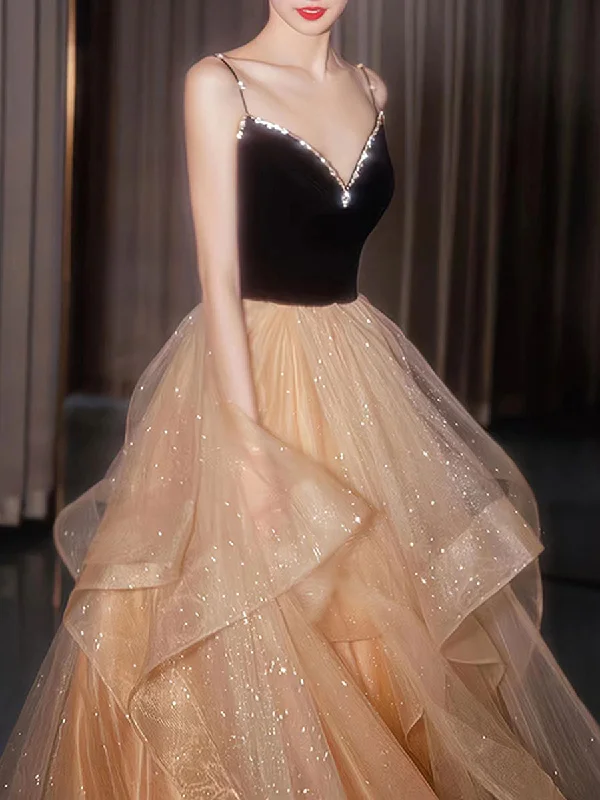 Reduced Prices CHAMPAGNE V NECK TULLE LONG PROM DRESS, CHAMPAGNE FORMAL GRADUATION DRESS,F04836