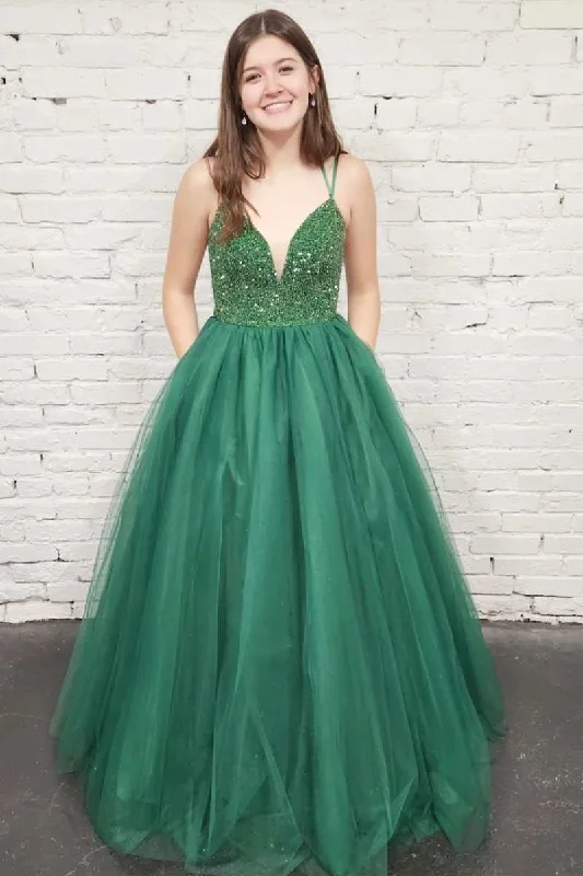 trendy mini dressGreen Tulle Sequin Lace-Up Back A-Line Prom Gown,DP037