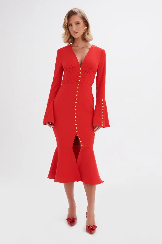 midi dressSALMA Fluted Sleeve Rose Button Midi Dress in Red