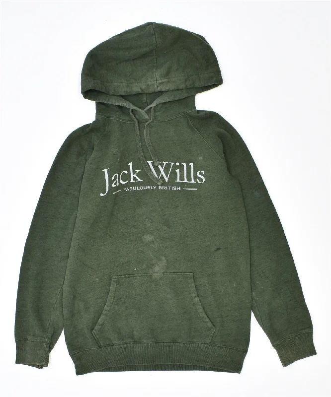 Don't Wait JACK WILLS Womens Graphic Hoodie Jumper UK 6 XS Green Cotton