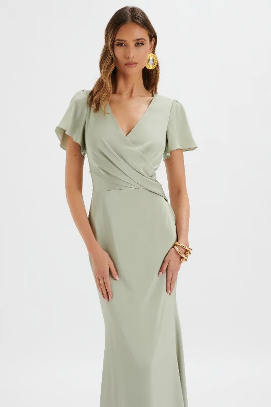 elegant dressBEAU Draped Wrap Satin Maxi Dress with Sleeves in Sage Green