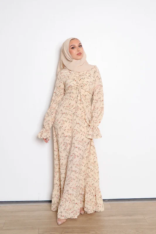 Clearance Event Evie Floral Ruched Dress- Cream