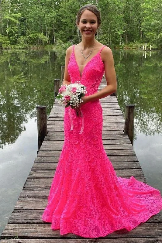 trendy wrap dressHot Pink Lace Mermaid Open Back Long Prom Dress,DP0123