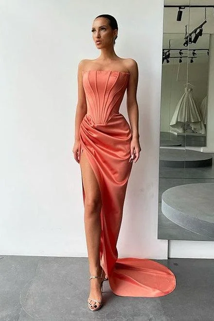 Major Savings ORANGE HIGH-SPLIT STRAPLESS PLEATS PROM DRESS WITH COURT TRAIN,DS3510