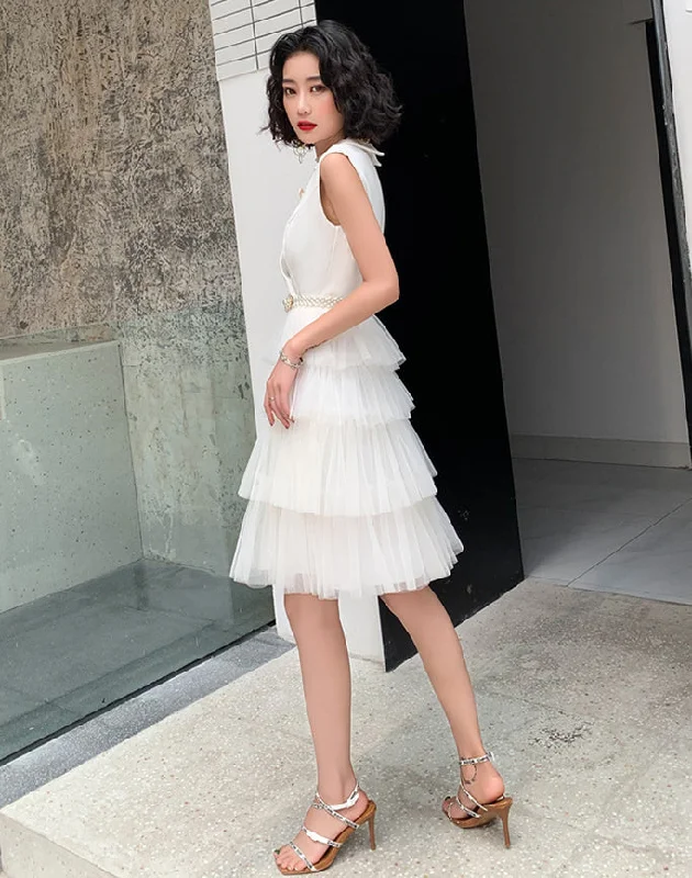 Savings Spectacular Ladies sexy V-neck design layered Tulle white dress