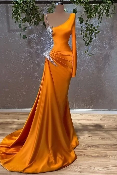 Great Deals Modern Burnt Orange Long Sleeves Mermaid Prom Dress With Beads,DS4656