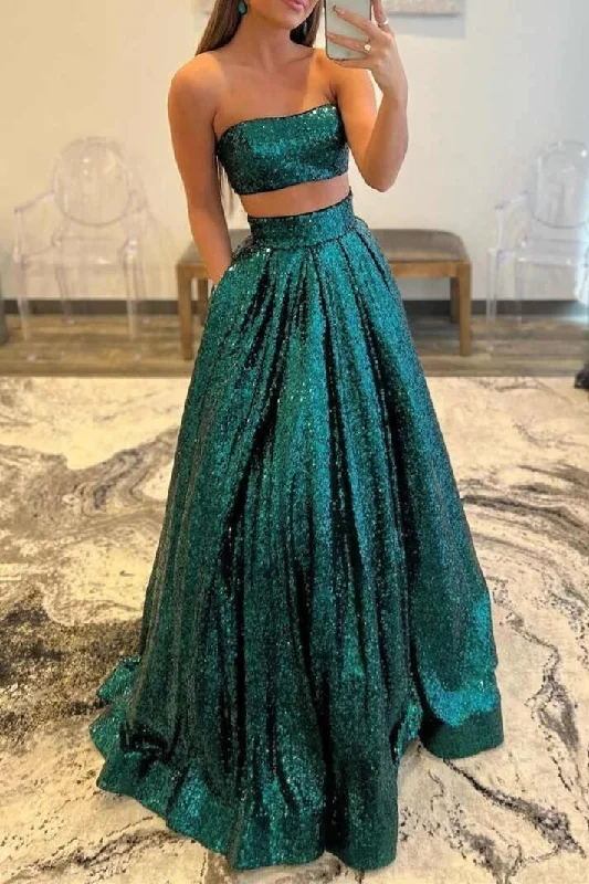 chic dressEmerald Green Sequins Two Piece Prom Dress with Pockets,DP0122