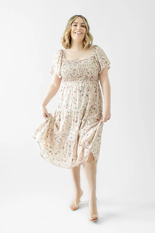 Big Discounts Adella Smocked Floral Midi Dress in Taupe (FINAL SALE)