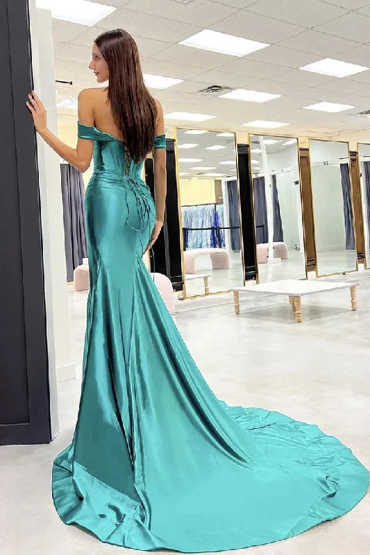 long sleeve dressMermaid Off-the-Shoulder Long Prom Dress Satin Corset High Slit Evening Dress,DP0186