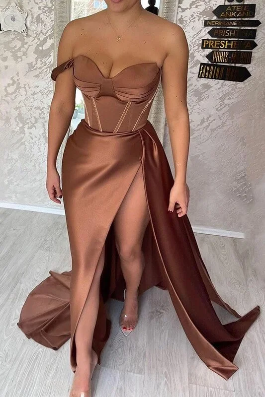 chic wrap dressChocolate Sweetheart Formal Evening Gowns Sexy Corset Prom Dresses,Side Split Satin Party Dress,DS5116