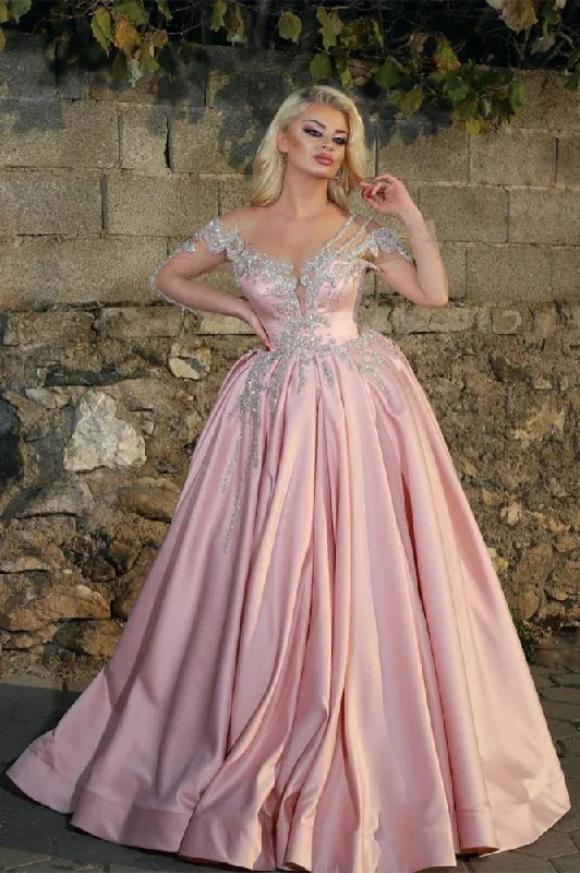 party-ready dressGorgeous Princess V-neck Long Sleevess Prom Dresses With Beads Pink Ball Gowns,DP0145