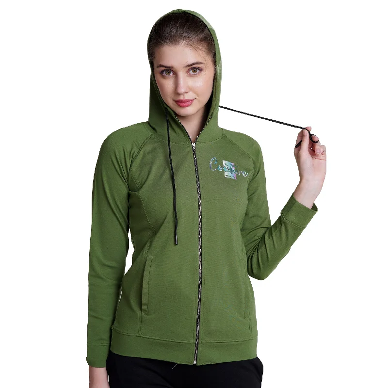 Price Rollback Green Long Sleeve Zip-through Hoodie For Women