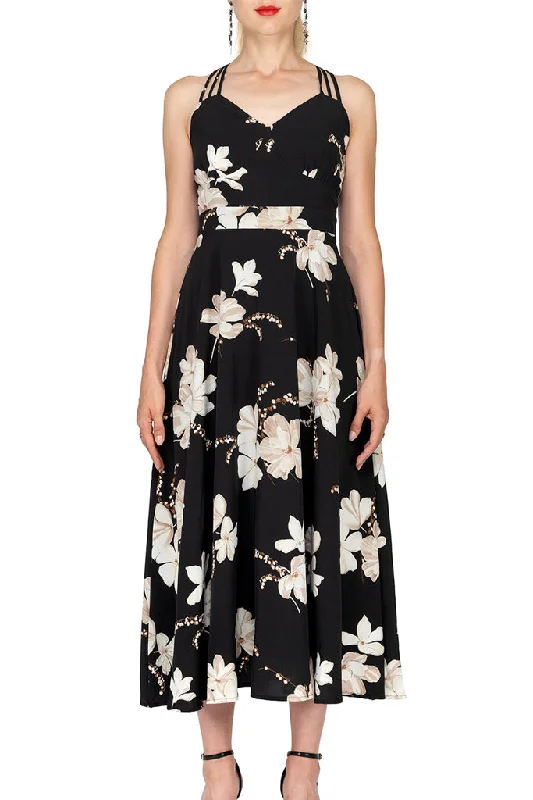 Amazing Deals Spaghetti Strap Deep V-neck Floral Fit & Flare Dress