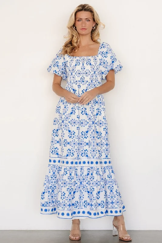 midi dressLexa Smocked Maxi Dress | Off White + Blue Floral