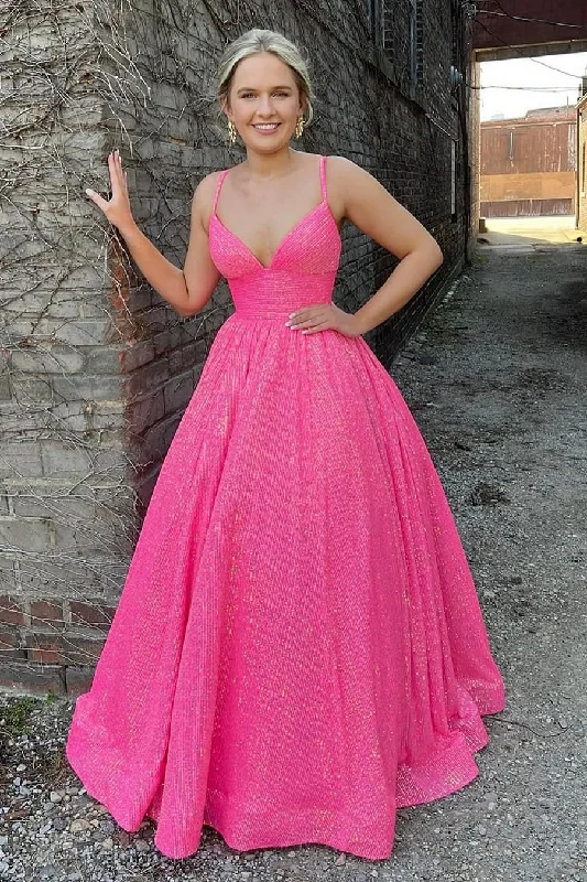 flowy dressFuchsia Sequins Spaghetti Straps A-Line Long Prom Dress,DP0192