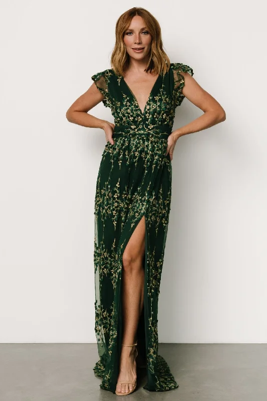 boho-chic dressEva Embroidered Maxi Dress | Green + Gold