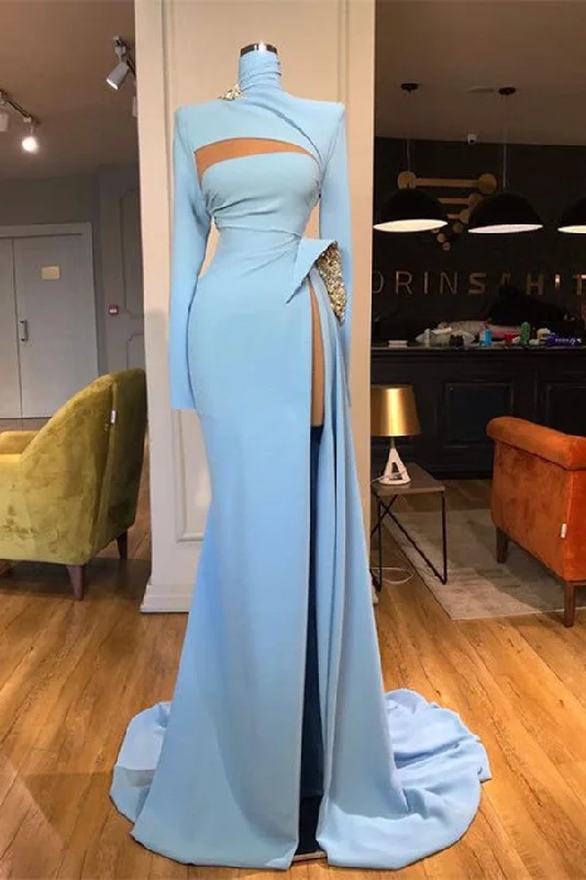 Mega Deal Long Sleeves High Neck Mermaid Prom Dress Long With Slit,F04808