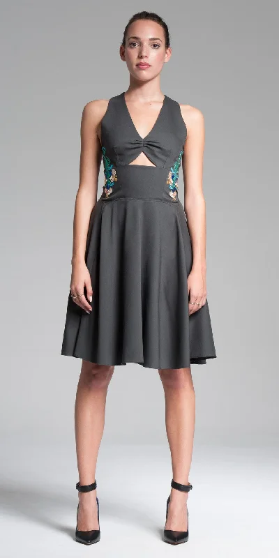 Weekend Special Cut-Out Front Embroidered Knee-Length Dress - Charcoal