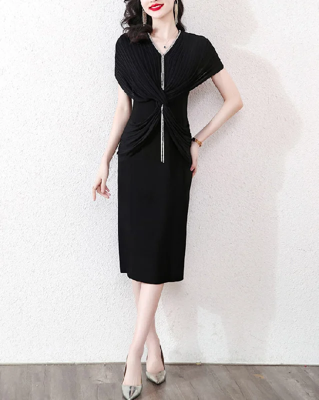 The Best Prices Elegant Women Slim Pleated V-Neck Dress