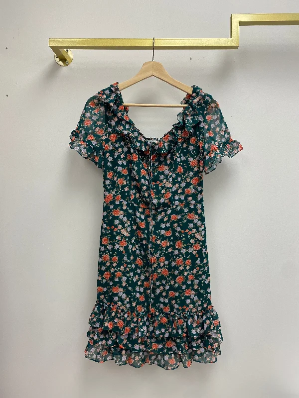 Special Discount Short Sleeve Green Floral Mini Dress with Ruffles