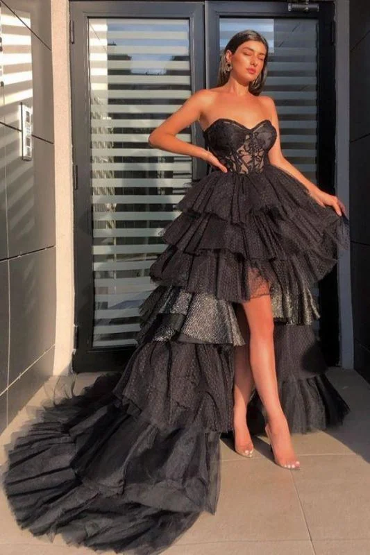 Price Meltdown RUFFLES BLACK HI-LO TULLE SWEETHEART TIERED SEXY PROM DRESS,DS2974