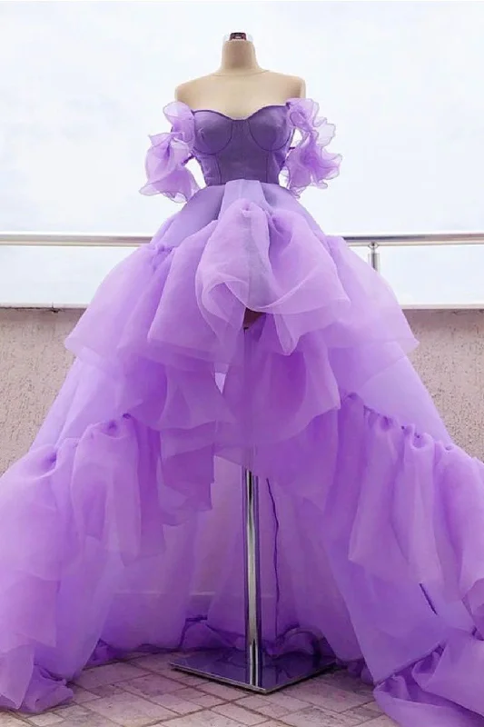 Instant Savings PURPLE TULLE HIGH LOW PROM DRESS, PURPLE EVENING DRESS,F04739