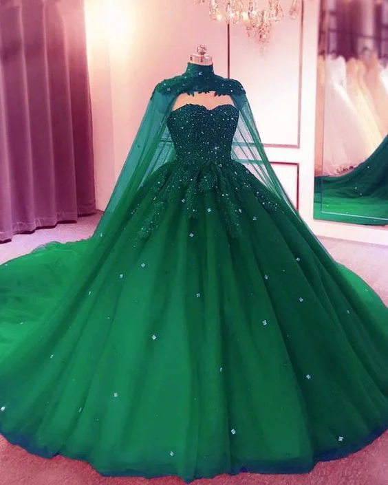 Bargain Prices Green Sweetheart Ball Gown Prom Dress With Cape ,DS4360