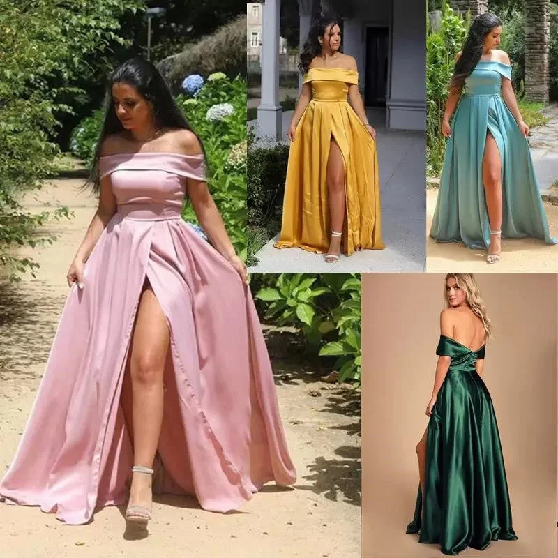 Price Fest Formal Party Dresses Evening Women Wear Bateau Neck Ruched Side Split Prom Gowns Sexy Backless A Line Robe De Marrige,LW050
