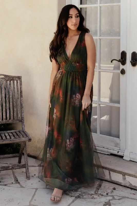 fitted bodycon dressKamila Tulle Maxi Dress | Olive Multi Floral