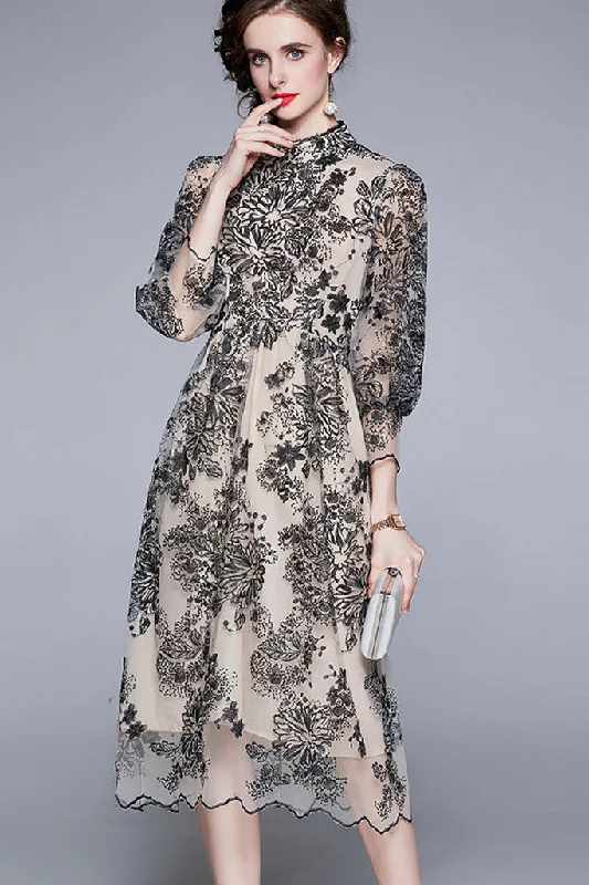 Massive Deals Puff Sleeve Embroidered Fit&Flare Dress
