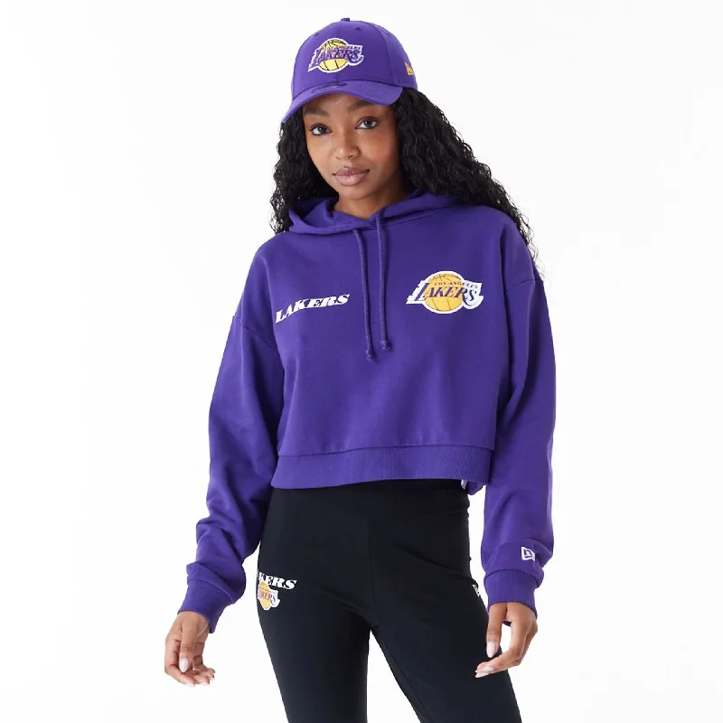 Huge Discounts LA Lakers Womens NBA Team Logo Purple Crop Pullover Hoodie