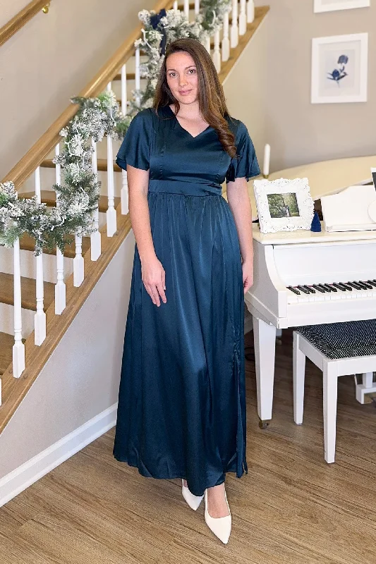 Extra Discounts The Sasha Satin V-Neck Maxi Dress in Deep Teal