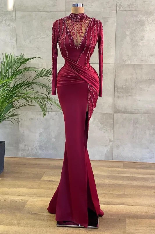 Can't Be Beat SEXY LONG SLEEVES BURGUNDY PROM DRESS LONG WITH SMALL ROUND COLLAR BEADING,DS3614