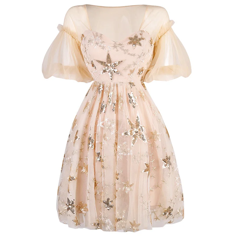 Extra Savings Aviva on Earth -Bell Sleeve Low Cut Sequin Tulle Dress