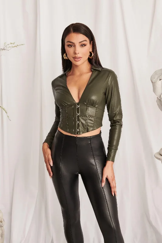 chic wrap dressSAVANNAH Vegan Leather Shirt With Corset Detail in Khaki