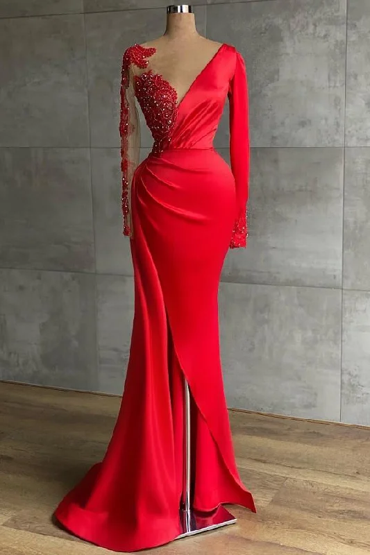 Get It Before It’s Gone RED LONG SLEEVE V-NECK MERMAID PROM DRESS ONLINE WITH BEADINGS,DS3532
