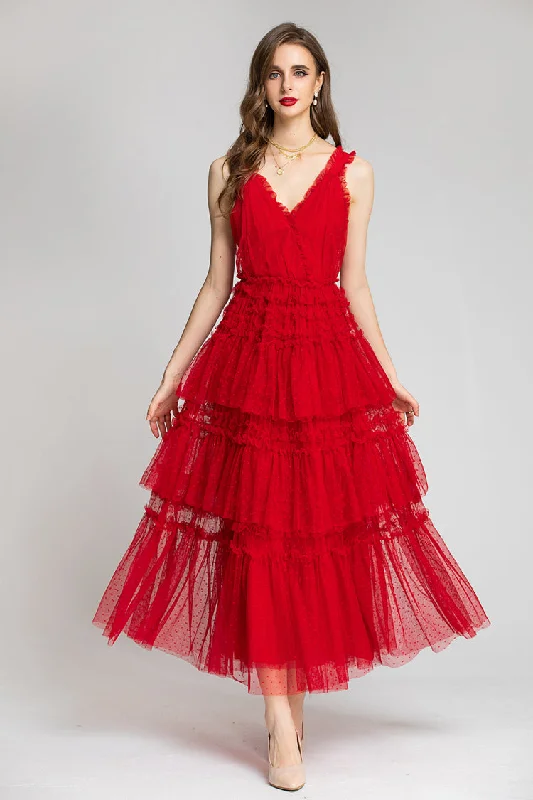 Factory Direct Sale Rose Double V-neck Tulle Layered Dress