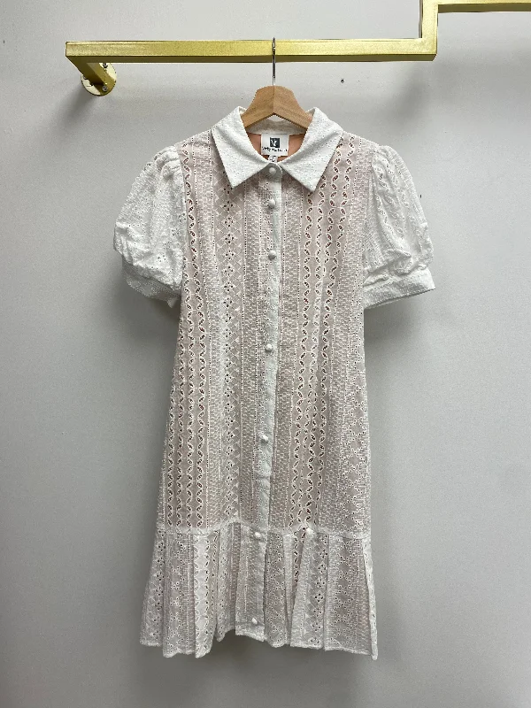 Overstock Sale Short Sleeve White Eyelet Belted Mini Dress