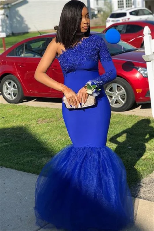 pleated maxi dressRoyal Blue One Shoulder Mermaid Prom Dress With Lace Appliques,DS5016